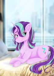 Size: 2480x3508 | Tagged: safe, artist:dashy21, artist:dashy21art, derpibooru import, starlight glimmer, pony, bed, blushing, chest fluff, ear fluff, ears, solo, window