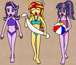 Size: 1300x1125 | Tagged: safe, artist:pheeph, derpibooru import, sci-twi, starlight glimmer, sunset shimmer, twilight sparkle, equestria girls, beach, beach ball, bikini, clothes, comic, cropped, one-piece swimsuit, sports, swimsuit, towel, volleyball