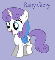 Size: 676x741 | Tagged: safe, artist:jigglewiggleinthepigglywiggle, derpibooru import, baby glory, pony, unicorn, g1, g4, baby, baby glorybetes, baby pony, blue eyes, curly hair, curly mane, curly tail, cute, female, filly, foal, full body, g1 to g4, generation leap, hooves, lavender background, multicolored hair, multicolored mane, open mouth, open smile, purple tail, purple text, simple background, smiling, solo, standing, tail, text