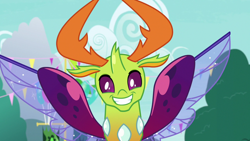 Size: 1280x720 | Tagged: safe, derpibooru import, screencap, thorax, changedling, changeling, season 7, triple threat, cute, king thorax, looking at you, male, smiling, solo, spread wings, thorabetes, wings