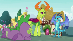 Size: 1280x720 | Tagged: safe, derpibooru import, screencap, princess ember, spike, thorax, changedling, changeling, dragon, season 7, triple threat, dragoness, female, forgiveness, hand on hip, king thorax, male, trio, trio female