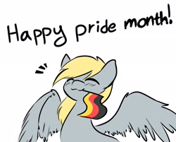 Size: 2500x2006 | Tagged: safe, artist:manicpanda, derpibooru import, derpy hooves, pegasus, pony, :3, blushing, cute, derpabetes, derpy being derpy, eyes closed, female, flag, germany, happy, high res, mare, mouth hold, pride, pride month, simple background, smiling, solo, spread wings, white background, wings, you had one job, you tried