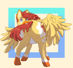 Size: 2756x2562 | Tagged: safe, artist:sunstriderart, derpibooru import, oc, oc only, oc:sunstrider, pegasus, pony, behaving like a dog, biting, butt, caught, featureless crotch, looking at you, plot, solo, spread wings, surprised, tail, tail bite, wide eyes, wings