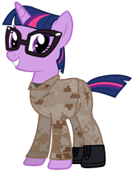 Size: 700x890 | Tagged: safe, artist:edy_january, derpibooru import, edit, sci-twi, twilight sparkle, unicorn, american, boots, camouflage, clothes, glasses, marine, marines, military, military pony, military uniform, shoes, short hair, short tail, simple background, tail, transparent background, uniform, united states, usmc, vector, vector edit