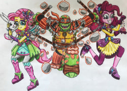 Size: 1023x738 | Tagged: safe, artist:bozzerkazooers, derpibooru import, fluttershy, pinkie pie, equestria girls, crystal guardian, michelangelo, solo, teenage mutant ninja turtles, traditional art