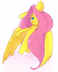 Size: 1641x2048 | Tagged: safe, artist:haichiroo, derpibooru import, fluttershy, anthro, pegasus, cloud, ears, female, floppy ears, hair over one eye, looking at you, one ear down, simple background, solo, white background, wings