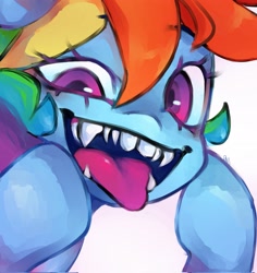 Size: 1935x2048 | Tagged: safe, artist:haichiroo, derpibooru import, rainbow dash, pony, female, human teeth, looking at you, mare, open mouth, sharp teeth, simple background, solo, teeth, tongue, tongue out, white background