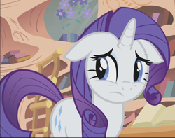 Size: 872x687 | Tagged: safe, derpibooru import, screencap, rarity, pony, unicorn, look before you sleep, season 1, cropped, ears, female, floppy ears, golden oaks library, mare, nervous, solo, worried