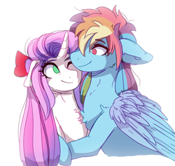 Size: 714x676 | Tagged: safe, artist:aaa-its-spook, derpibooru import, rainbow dash, sweetie belle, pegasus, pony, unicorn, bow, chest fluff, duo, female, hair bow, hug, lesbian, looking at each other, looking at someone, mare, no pupils, older, older sweetie belle, one eye closed, shipping, simple background, smiling, smiling at each other, sweetiedash, white background