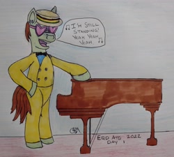 Size: 3162x2848 | Tagged: safe, artist:rapidsnap, derpibooru import, pony, bipedal, clothes, elton john, glasses, hat, heart shaped glasses, musical instrument, piano, ponified, singing, solo, standing, suit, sunglasses, traditional art