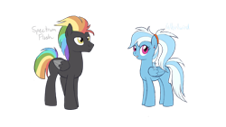 Size: 2359x1326 | Tagged: safe, artist:alicemaple, derpibooru import, edit, oc, oc only, oc:spectrum flash, oc:whirlwind (alicemaple), pegasus, pony, braces, brother and sister, cropped, duo, ear piercing, earring, female, jewelry, male, mare, multicolored hair, offspring, parent:rainbow dash, parent:thunderlane, parents:thunderdash, piercing, rainbow hair, siblings, simple background, stallion, transparent background