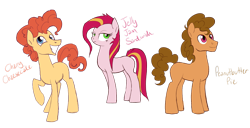 Size: 2303x1182 | Tagged: safe, artist:alicemaple, derpibooru import, edit, oc, oc only, oc:cherry cheesecake, oc:jelly jam sandwich, oc:peanutbutter pie, earth pony, pony, brother and sister, cropped, female, frown, grin, male, mare, offspring, parent:cheese sandwich, parent:pinkie pie, parents:cheesepie, siblings, simple background, smiling, stallion, transparent background, trio