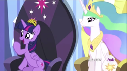 Size: 1334x750 | Tagged: safe, derpibooru import, screencap, princess celestia, twilight sparkle, twilight sparkle (alicorn), alicorn, equestria games (episode), crown, hub logo, jewelry, logo, regalia, the hub