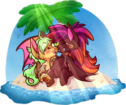 Size: 878x731 | Tagged: safe, artist:velnyx, derpibooru import, oc, oc only, bat pony, pony, crepuscular rays, female, island, lying down, mare, ocean, palm tree, prone, simple background, transparent background, tree, water