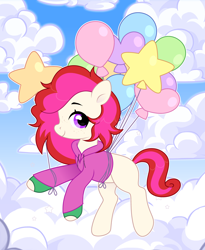 Size: 3300x4032 | Tagged: safe, artist:vi45, derpibooru import, oc, earth pony, pony, balloon, clothes, earth pony oc, female, hoodie, mare, solo