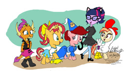 Size: 900x518 | Tagged: safe, artist:newportmuse, derpibooru import, sci-twi, shimmy shake, smolder, sunset shimmer, twilight sparkle, oc, oc:cinnamon toast, bird, chicken, dragon, earth pony, pony, unicorn, equestria girls, cat ears, cheerleader, cheerleader outfit, clothes, clothes swap, costume, cute, dragoness, drawing, female, females only, halloween, halloween costume, hanging out, happy, hat, hennin, holiday, medieval, nightmare night, princess, shimmerbetes, smiling, smolderbetes
