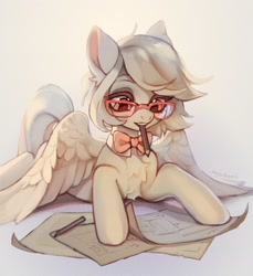 Size: 1976x2154 | Tagged: safe, artist:myscherri, derpibooru import, oc, oc only, pegasus, pony, bowtie, chest fluff, commission, drawing, female, glasses, lying down, mare, mouth hold, paper, pegasus oc, pencil, prone, solo, spread wings, wings