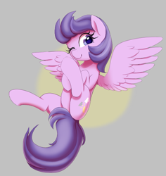 Size: 589x623 | Tagged: safe, artist:thebatfang, clear skies, pegasus, pony, aggie.io, female, flying, looking at you, mare, one eye closed, simple background, smiling, spread wings, wings, wink, winking at you