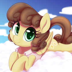 Size: 2000x2000 | Tagged: safe, artist:thebatfang, oc, oc only, pegasus, pony, clothes, cloud, curly hair, female, filly, foal, heart eyes, laying on cloud, looking at you, lying on a cloud, prone, shirt, sky, solo, wide eyes, wingding eyes