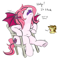 Size: 566x567 | Tagged: safe, artist:jargon scott, derpibooru import, oc, oc only, oc:arrhythmia, oc:java chip, bat pony, pony, unicorn, bat pony oc, butt, chair, chubby, dialogue, duo, eyes closed, fangs, female, horn, laughing, mare, nose in the air, open mouth, open smile, plot, pointing, raised hoof, raised leg, simple background, smiling, spread wings, stuck, the ass was too fat, underhoof, white background, wings