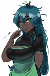 Size: 1267x1915 | Tagged: safe, artist:maren, derpibooru import, queen chrysalis, human, arm behind back, breasts, cleavage, clothes, dark skin, doodle, humanized, looking at you, simple background, white background