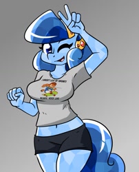 Size: 993x1227 | Tagged: safe, artist:whatsapokemon, derpibooru import, oc, oc only, oc:heart song, anthro, crystal pony, clothes, female, garfield, midriff, one eye closed, peace sign, shirt, shorts, solo, t-shirt, wink