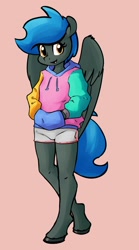 Size: 906x1634 | Tagged: safe, artist:whatsapokemon, derpibooru import, oc, oc only, oc:jade shine, anthro, pegasus, unguligrade anthro, anthro oc, clothes, female, golden eyes, hand in pocket, hands in pockets, hoodie, looking at you, open mouth, open smile, pink background, shorts, simple background, smiling, smiling at you, solo