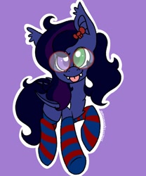 Size: 1707x2048 | Tagged: safe, artist:anxioussartist, derpibooru import, oc, oc only, oc:shadow twinkle, bat pony, pony, :p, clothes, cute, fangs, glasses, heterochromia, male, outline, purple background, round glasses, simple background, socks, solo, striped socks, tongue, tongue out, white outline