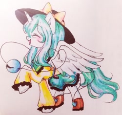 Size: 650x614 | Tagged: safe, artist:一般路过恋猹, derpibooru import, alicorn, pony, clothes, crossover, female, happy, hat, komeiji koishi, mare, ponified, skirt, smiling, touhou