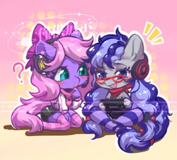 Size: 680x615 | Tagged: safe, artist:qamar, derpibooru import, oc, oc:cinnabyte, oc:lillybit, anthro, adorkable, bandana, bow, chibi, clothes, cute, dork, female, gaming, gaming headphones, gaming headset, glasses, happy, headphones, headset, mare, microphone, open mouth, open smile, ribbon, smiling, socks, striped socks