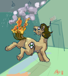 Size: 3409x3808 | Tagged: safe, artist:alumx, derpibooru import, oc, oc only, earth pony, pony, butt, exit, fire, high res, male, plot, smoke, solo, sprinkler, stallion, tail, tail on fire, underhoof