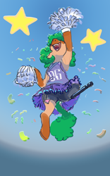 Size: 2702x4326 | Tagged: safe, artist:alumx, derpibooru import, oc, oc only, oc:heartspring, earth pony, pony, amputee, cheerleader, cheerleader outfit, clothes, female, high res, mare, nose in the air, open mouth, open smile, pom pom, prosthetic leg, prosthetic limb, prosthetics, smiling, solo