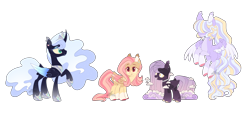 Size: 4844x2500 | Tagged: safe, artist:queenofderpyness, derpibooru import, fluttershy, princess luna, oc, oc:lavender dream, oc:overcast slumber, alicorn, pegasus, pony, alicorn oc, alternate design, family, female, horn, lesbian, lunashy, magical lesbian spawn, mare, offspring, parent:fluttershy, parent:princess luna, parents:lunashy, pegasus oc, shipping, simple background, transparent background, wings