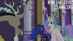 Size: 1280x720 | Tagged: safe, derpibooru import, edit, edited screencap, editor:quoterific, screencap, discord, princess celestia, princess luna, alicorn, draconequus, pony, season 9, the summer sun setback, spoiler:s09, crown, female, jewelry, male, mare, regalia, smiling, text, trio