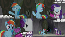 Size: 1280x720 | Tagged: safe, derpibooru import, edit, edited screencap, editor:quoterific, screencap, rainbow dash, rarity, pegasus, pony, unicorn, season 8, the end in friend, spoiler:s08, butt, duo, ears, eyes closed, female, floppy ears, magic, mare, open mouth, open smile, plot, smiling, telekinesis, text