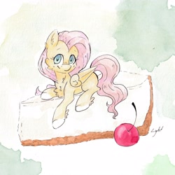 Size: 3755x3755 | Tagged: safe, artist:lightisanasshole, derpibooru import, fluttershy, pegasus, pony, cake, cheesecake, cherry, chest fluff, cute, female, food, looking at you, lying down, mare, missing cutie mark, ponies in food, prone, shyabetes, smiling, smiling at you, solo, traditional art, watercolor painting