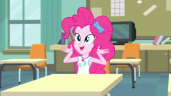 Size: 3410x1920 | Tagged: safe, derpibooru import, screencap, pinkie pie, better together, equestria girls, the finals countdown, canterlot high, clothes, cute, cutie mark on clothes, diapinkes, female, geode of sugar bombs, high res, jewelry, magical geodes, necklace, open mouth, open smile, smiling, solo, tanktop, television