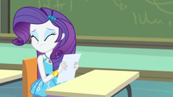 Size: 3410x1920 | Tagged: safe, derpibooru import, screencap, rarity, better together, equestria girls, the finals countdown, canterlot high, chalkboard, clothes, cutie mark on clothes, eyes closed, female, geode of shielding, hairpin, high res, magical geodes, rarity peplum dress, solo