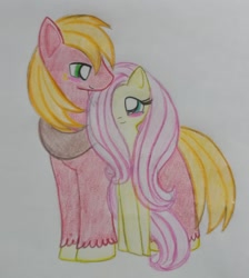 Size: 1014x1133 | Tagged: safe, artist:mileyfashon, derpibooru import, big macintosh, fluttershy, earth pony, pegasus, pony, blush sticker, blushing, female, fluttermac, hair over one eye, height difference, looking at each other, looking at someone, male, mare, shipping, smiling, smiling at each other, stallion, straight, traditional art