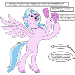 Size: 1280x1280 | Tagged: safe, artist:termyotter, derpibooru import, silverstream, classical hippogriff, hippogriff, atg 2022, dialogue, female, jewelry, necklace, newbie artist training grounds, offscreen character, simple background, solo, speech bubble, stairs, talons, that hippogriff sure does love stairs, white background
