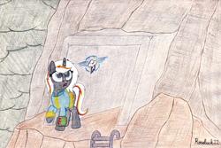 Size: 1920x1280 | Tagged: safe, artist:roseluck, derpibooru import, oc, oc only, oc:velvet remedy, pony, unicorn, fallout equestria, game: fallout equestria: remains, clothes, cloud, cloudy, colored pencil drawing, female, full body, horn, jumpsuit, ladder, mare, mountain, outdoors, pipbuck, raised hoof, raised leg, solo, standing, tail, traditional art, unicorn oc, vault suit, wasteland