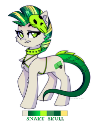 Size: 2000x2500 | Tagged: safe, artist:stormcloud, derpibooru import, oc, oc only, earth pony, pony, adoptable, chest fluff, collar, dragon tail, earth pony oc, female, full body, green eyes, green mane, looking at you, mare, mohawk, multicolored mane, raised hoof, raised leg, reference sheet, simple background, skull mask, solo, tail, transparent background