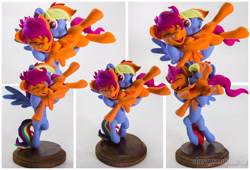 Size: 2970x2020 | Tagged: safe, artist:dustysculptures, derpibooru import, rainbow dash, scootaloo, pegasus, pony, craft, cute, cutealoo, dashabetes, duo, laughing, older, older scootaloo, puffy cheeks, raspberry, scootalove, sculpture, tickling, tummy buzz