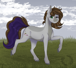 Size: 1895x1689 | Tagged: safe, artist:inyah, derpibooru import, oc, oc:cj vampire, earth pony, pony, cloud, grass, grass field, looking at you, one eye closed, scene, smiling, smiling at you, wink, winking at you