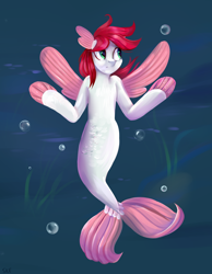Size: 2778x3580 | Tagged: safe, artist:ske, derpibooru import, oc, oc only, pegasus, seapony (g4), blue background, bubble, commission, digital art, dorsal fin, female, fin wings, fins, fish tail, flowing mane, flowing tail, green eyes, mare, ocean, red mane, seaponified, seaweed, simple background, solo, species swap, tail, underwater, water, wings