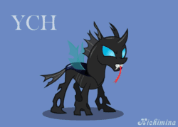Size: 700x500 | Tagged: safe, artist:kichimina, derpibooru import, changeling, pony, advertisement, animated, animated ych, colored, commission, fangs, female, full body, generic pony, gif, grin, horn, loop, mare, show accurate, simple background, smiling, spread wings, vector, wings, ych animation, ych example, your character here