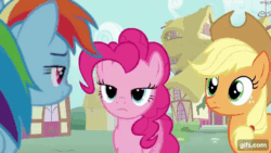 Size: 640x360 | Tagged: safe, derpibooru import, screencap, a.k. yearling, applejack, cranky doodle donkey, iron will, mayor mare, moondancer, pinkie pie, rainbow dash, snails, donkey, earth pony, pegasus, pony, unicorn, flutter brutter, season 6, :o, :p, animated, applejack's hat, clothes, colt, cowboy hat, female, foal, gif, gifs.com, grin, hat, male, mare, open mouth, smiling, tongue, tongue out, trio, wallet