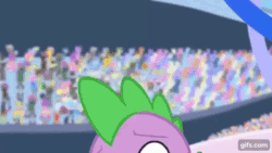 Size: 640x360 | Tagged: safe, derpibooru import, screencap, spike, dragon, equestria games (episode), season 4, animated, background pony audience, gif, gifs.com, male, open mouth, panic attack, solo, spinning, stadium