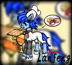 Size: 1100x1000 | Tagged: safe, artist:dzhu.sokolov, derpibooru import, oc, oc only, oc:snow paw(chi lanfeng), earth pony, blue eyes, blue mane, cooking, earth pony oc, food, ham, meat, pineapple, pizza