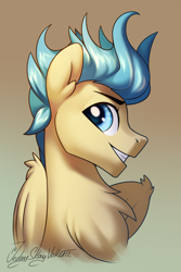 Size: 2000x3000 | Tagged: safe, artist:jedayskayvoker, derpibooru import, oc, oc only, oc:maverick blast, pegasus, pony, bust, chest fluff, colored pupils, ear fluff, ears, eyebrows, feathered wings, folded wings, gradient background, grin, icon, looking at you, male, patreon, patreon reward, pegasus oc, portrait, smiling, smiling at you, solo, stallion, wings